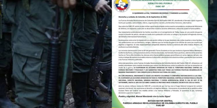 Cese de operaciones ofensivas en Colombia anuncio EMC FARC, adjudicándose el atentado en Timba