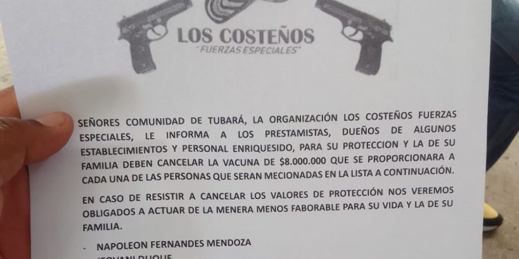 Policía negó autenticidad de panfleto a nombre de ‘Los Costeños’ en Tubará