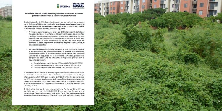 Alcaldía de Soledad aclara sobre irregularidades halladas en el contrato para la construcción de la Biblioteca Pública Municipal