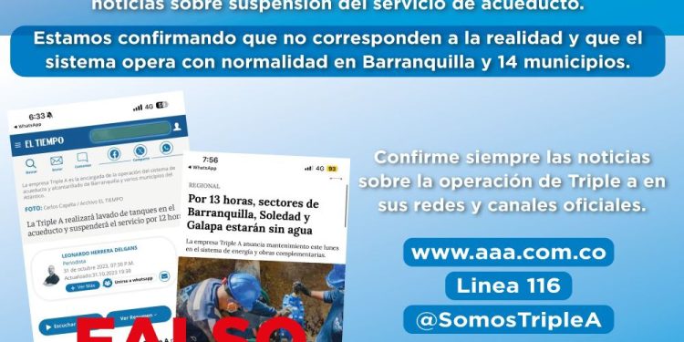 Triple A desmiente falsa noticia sobre suspensión del servicio en Barranquilla y municipios