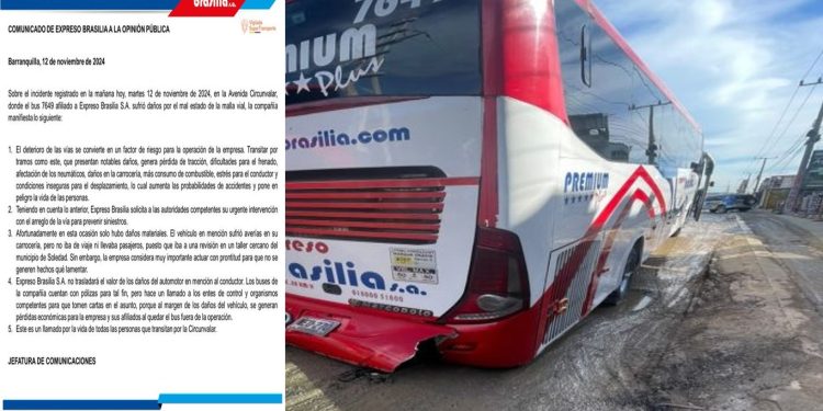 Expres Brasilia solicita intervención ante el mal estado de la Circunvalar en Soledad tras daño a uno de sus buses