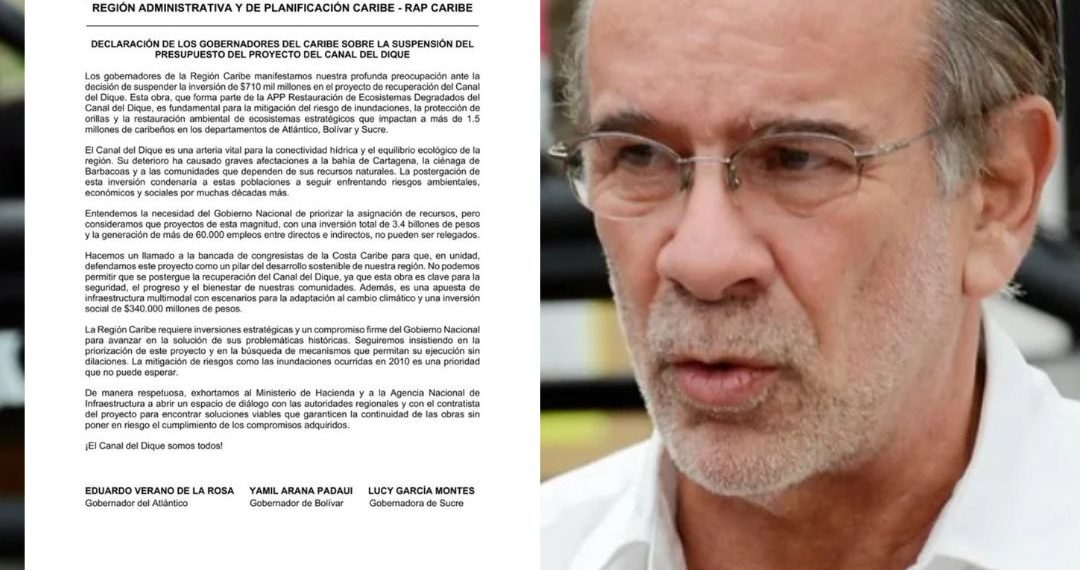 Gobernador del Atlántico expresa preocupación por freno al Canal del Dique