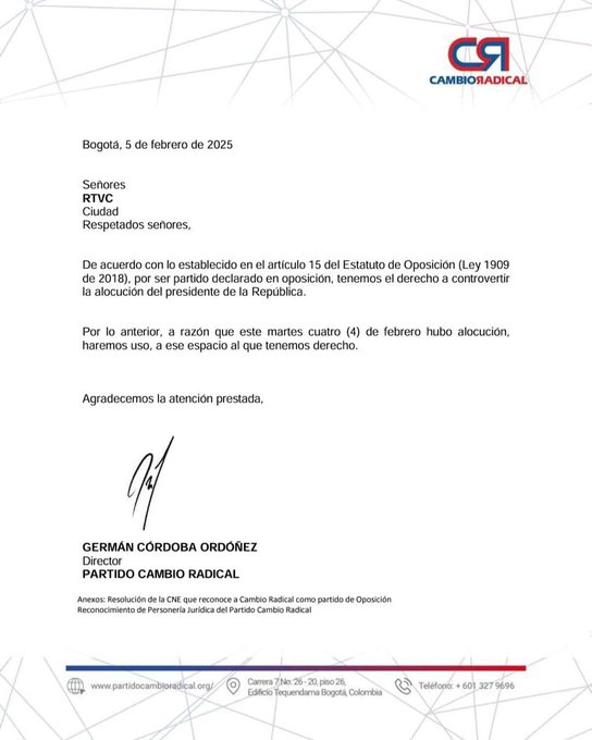 Cambio Radical pide réplica por la alocución de Petro 1 GjCf8DOXkAAoMIa