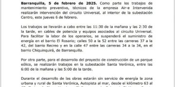 Este jueves 6 de febrero habrá trabajos programados en el Circuito Universal y Subestación Santa Verónica en Barranquilla