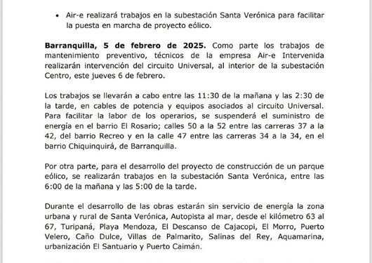 Este jueves 6 de febrero habrá trabajos programados en el Circuito Universal y Subestación Santa Verónica en Barranquilla