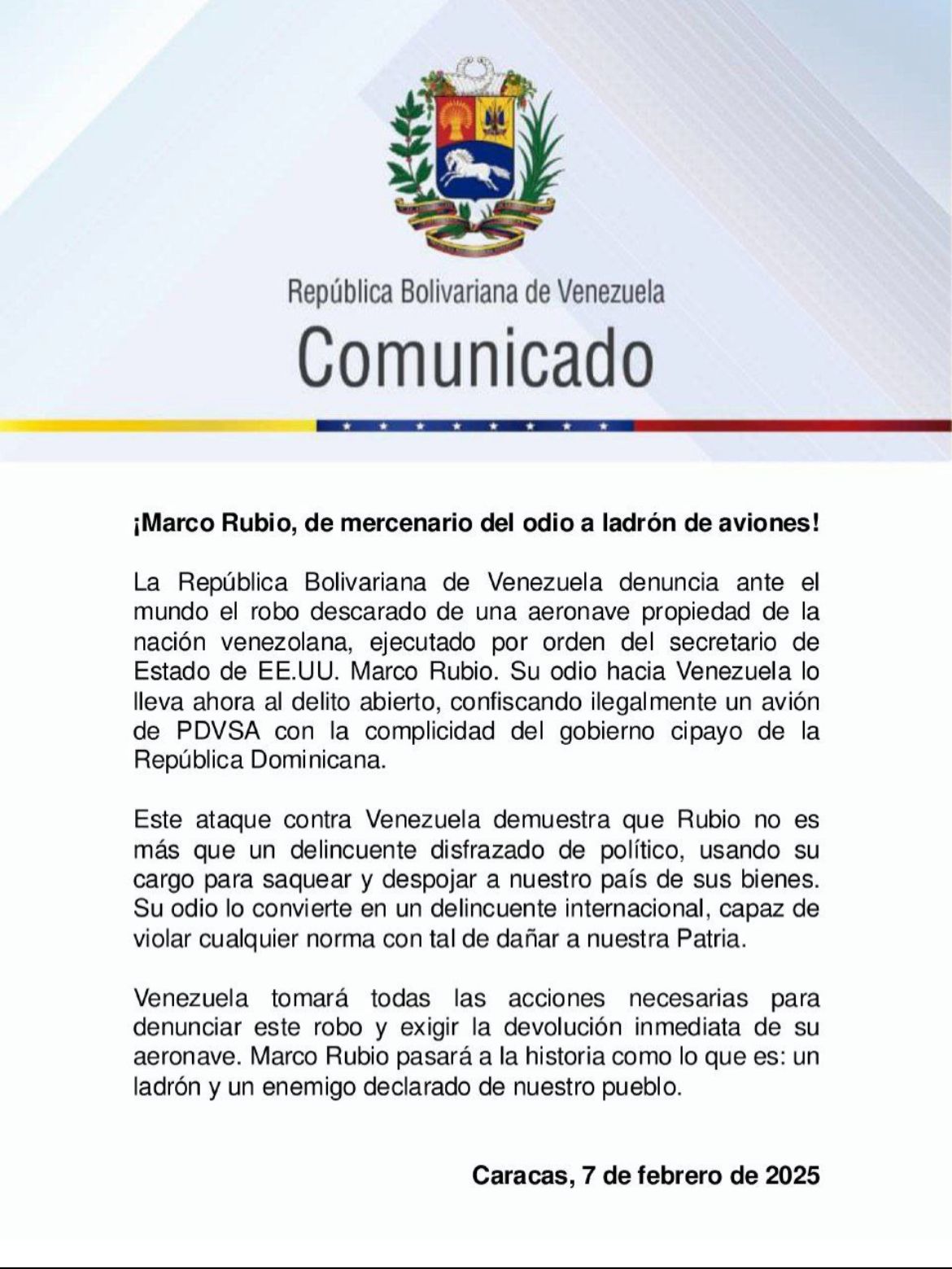 Venezuela califica de "ladrón" al Secretario de Estado de EE.UU. tras incautación de avión en República Dominicana 1 GjL9UDqXQAIys9o
