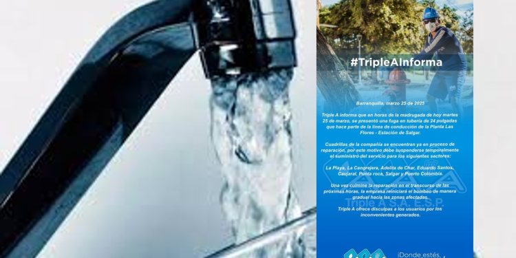 Triple A suspende temporalmente el servicio de agua en varios sectores debido a fuga en tubería de 24 pulgadas