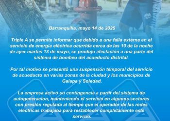 Triple A informa sobre suspensión temporal del servicio por falla eléctrica externa
