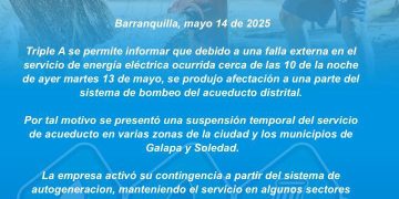 Triple A informa sobre suspensión temporal del servicio por falla eléctrica externa