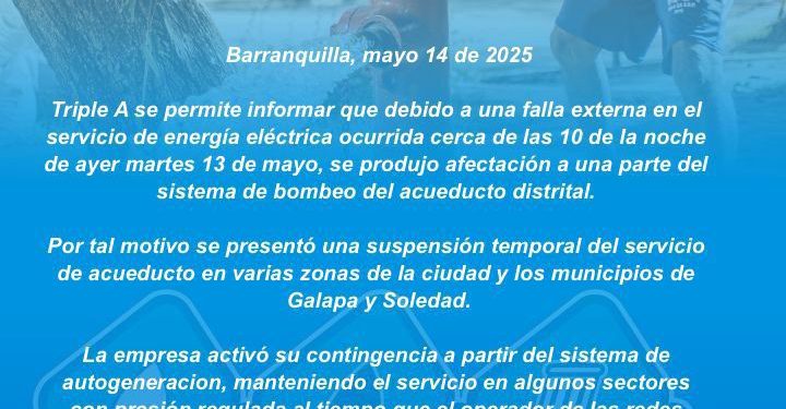 Triple A informa sobre suspensión temporal del servicio por falla eléctrica externa