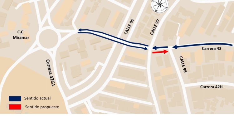 Se implementa cambio vial en la carrera 43 entre calles 97 y 96