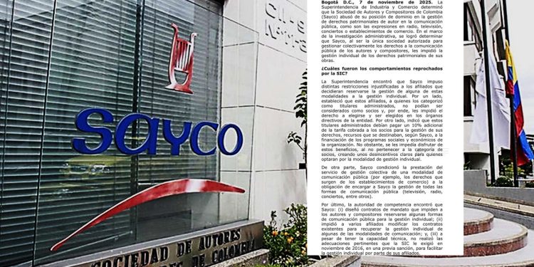 Superindustria sanciona a Sayco y a ocho de sus directivos con más de $5.300 millones