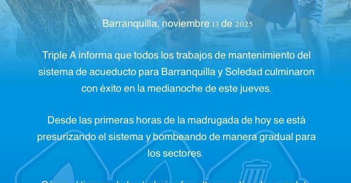 Triple A culmina trabajos y anuncia normalización del servicio de agua en la mañana de este jueves