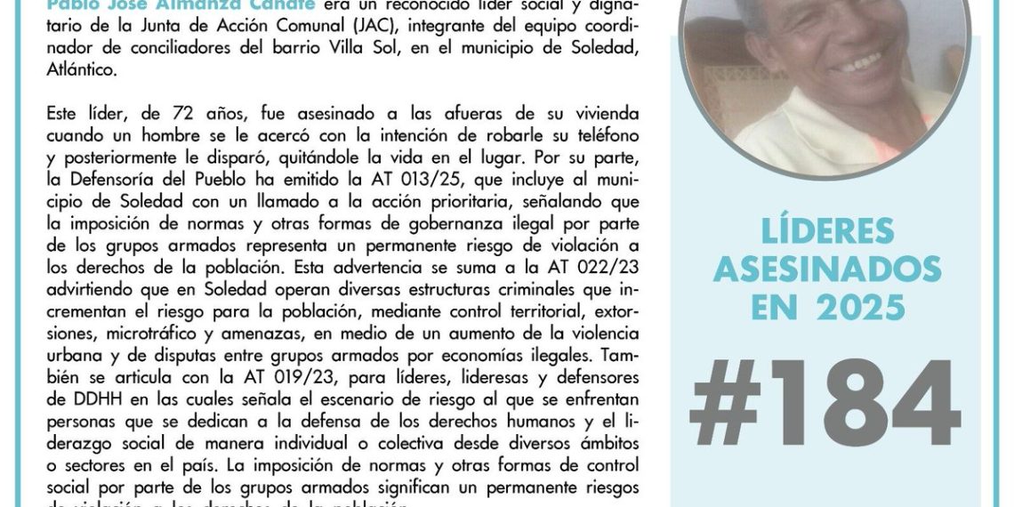 Asesinato de líder comunal en Soledad revive alerta por violencia contra dirigentes sociales en el Atlántico