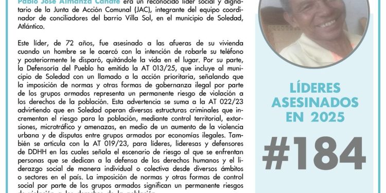 Asesinato de líder comunal en Soledad revive alerta por violencia contra dirigentes sociales en el Atlántico