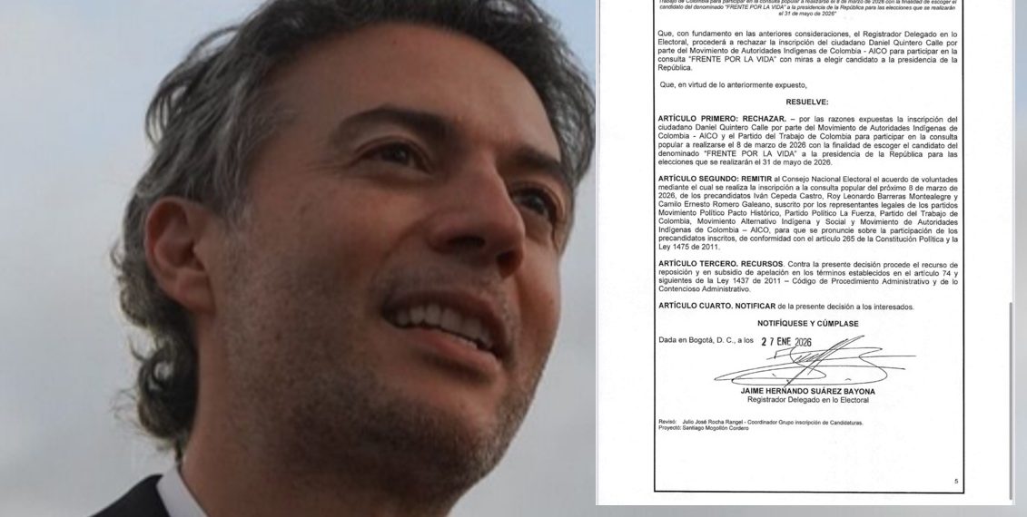 Registraduría rechaza inscripción de Daniel Quintero en la consulta del “Frente por la Vida” y remite decisión al CNE