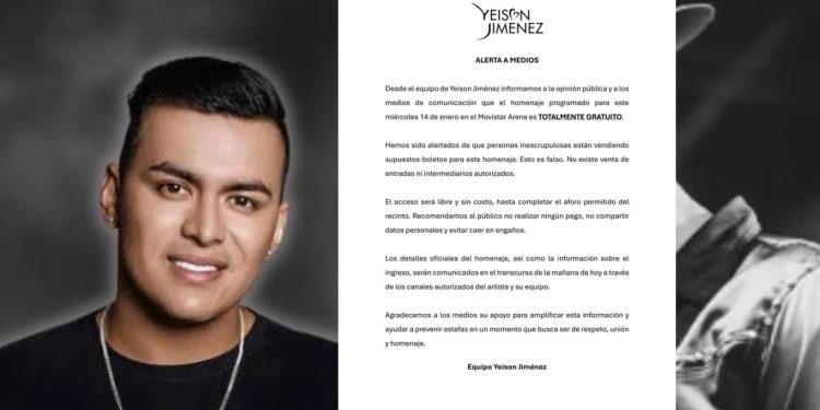 Yeison Jiménez será homenajeado en Bogotá: evento gratuito en el Movistar Arena