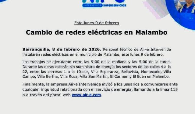 Air-e anuncia cambio de redes eléctricas en Malambo este lunes