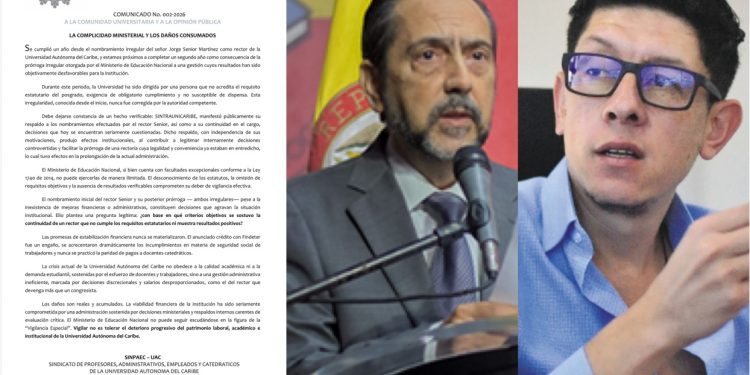 SINPAEC señala responsabilidad del MinEducación en la permanencia de Jorge Senior como rector de la Universidad Autónoma del Caribe