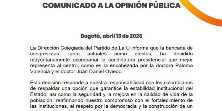 Partido de La U anuncia respaldo a la candidatura de Paloma Valencia a la Presidencia